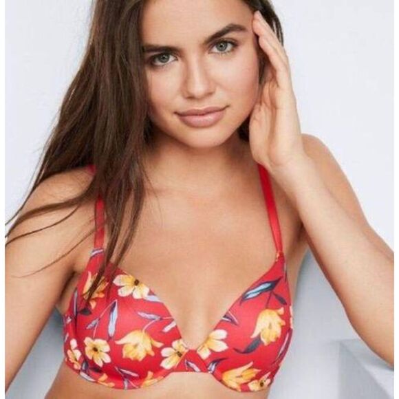VS PINK Wear Everywhere Push Up Bra Red Floral Print 38D Adjustable Strap - Picture 1 of 8